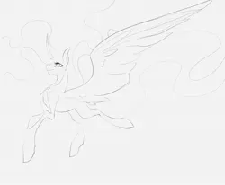 Size: 1280x1055 | Tagged: safe, artist:anekomori, derpibooru import, alicorn, pony, concave belly, curved horn, ethereal mane, ethereal tail, eyelashes, flying, gray background, horn, image, jpeg, large wings, long horn, long mane, long tail, looking forward, missing wing, monochrome, open mouth, simple background, sketch, slim, solo, spread wings, sternocleidomastoid, tail, thin, wings