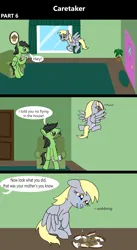 Size: 1920x3516 | Tagged: safe, artist:platinumdrop, derpibooru import, derpy hooves, oc, oc:anon, oc:anon stallion, pegasus, pony, comic:caretaker, 3 panel comic, accident, angry, blood, caretaker, clumsy, comic, commission, couch, crash, crying, damaged, derpy being derpy, destruction, door, excited, faceplant, female, floppy ears, flower, flying, food, front door, happy, i just don't know what went wrong, image, living room, male, mare, muffin, newspaper, nosebleed, offscreen character, onomatopoeia, open mouth, ouch, painting, picture frame, plant, png, raised hoof, sad, scolding, scrunchy face, sitting, smiling, sound effects, speech, speech bubble, spread wings, stallion, stern, surprised, talking, tears of sadness, tongue out, vase, window, wings, wings down, yelling