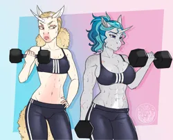 Size: 3133x2529 | Tagged: suggestive, artist:askbubblelee, derpibooru import, oc, oc:bubble lee, oc:cross stitch, anthro, pony, unguligrade anthro, unicorn, abs, alternate universe, anthro oc, big breasts, breast envy, breasts, busty oc, clothes, female, horn, image, mare, muscles, muscular female, png, scar, small breasts, sports bra, sweat, unicorn oc, weights, willowverse, workout outfit