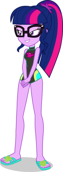 Size: 1525x4164 | Tagged: safe, alternate version, artist:dustinwatsongkx, derpibooru import, edit, sci-twi, twilight sparkle, human, equestria girls, equestria girls series, accessory swap, barefoot, clothes, clothes swap, feet, female, fluttershy's one-piece swimsuit, glasses, image, one-piece swimsuit, png, sandals, simple background, solo, swimsuit, swimsuit edit, swimsuit swap, transparent background, vector, wetsuit