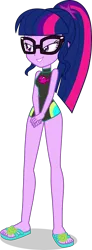 Size: 1525x4164 | Tagged: safe, alternate version, artist:dustinwatsongkx, derpibooru import, edit, sci-twi, twilight sparkle, human, equestria girls, equestria girls series, accessory swap, barefoot, clothes, clothes swap, feet, female, fluttershy's one-piece swimsuit, glasses, image, one-piece swimsuit, png, sandals, simple background, solo, swimsuit, swimsuit edit, swimsuit swap, transparent background, vector, wetsuit