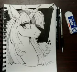 Size: 2048x1908 | Tagged: safe, artist:thelunarmoon, derpibooru import, twilight sparkle, pony, unicorn, black and white, bust, eyebrows, eyebrows visible through hair, female, grayscale, image, ink drawing, jpeg, looking at you, mare, monochrome, smiling, smiling at you, solo, traditional art