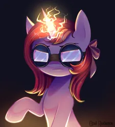 Size: 2344x2603 | Tagged: safe, artist:opal_radiance, derpibooru import, oc, oc:cherry river, pony, unicorn, bow, electricity, goggles, image, png, solo, sparks