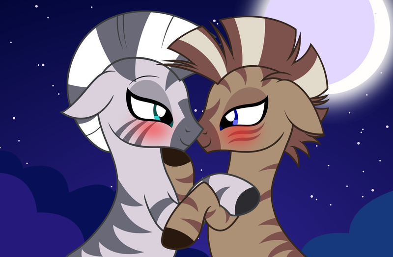 Size: 2312x1513 | Tagged: safe, artist:badumsquish, derpibooru import, zecora, oc, oc:generic messy hair anime anon, human, pony, zebra, blushing, cuddling, derpibooru exclusive, duo, eye contact, eyes on the prize, full moon, hoof on chin, human to zebra, image, looking at each other, looking at someone, male to female, missing accessory, moon, night, png, rule 63, show accurate, sitting, smiling, species swap, stars, transformation, transgender transformation, zebrafied, zebranon
