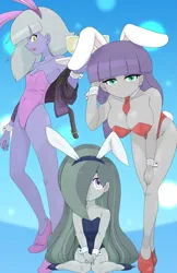 Size: 3419x5268 | Tagged: suggestive, artist:batipin, derpibooru import, limestone pie, marble pie, maud pie, human, equestria girls, blushing, breasts, bunny suit, busty maud pie, clothes, delicious flat chest, equestria girls-ified, hair over one eye, image, leotard, looking at you, open mouth, playboy bunny, playboy bunny limestone pie, playboy bunny marble pie, playboy bunny maud pie, png