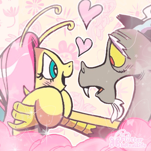 Size: 800x800 | Tagged: safe, derpibooru import, edit, editor:flutterinreallife, idw, discord, fluttershy, draconequus, pegasus, pony, spoiler:comic, spoiler:comic78, blushing, cosmos (arc), cropped, duo, duo male and female, female, happy, heart, holding a pony, image, jpeg, looking at each other, male, mare, snaggletooth