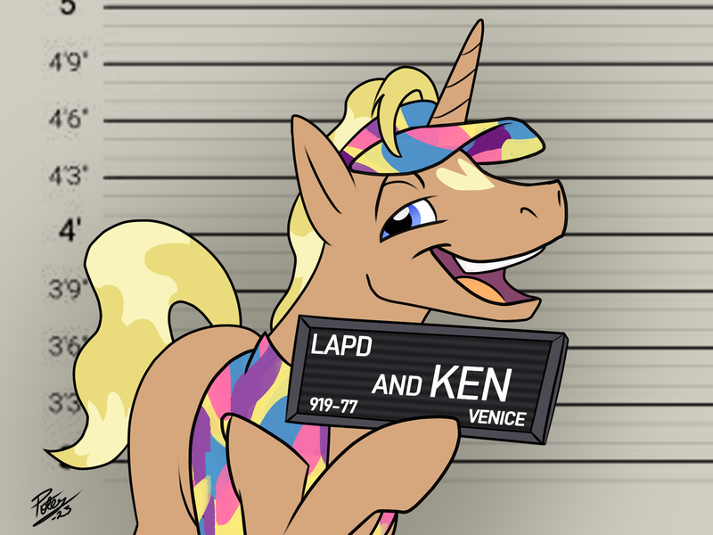 Size: 2000x1500 | Tagged: safe, artist:potes, derpibooru import, ponified, pony, unicorn, barbie (film), barbie mugshot meme, blaze (coat marking), coat markings, crossover, facial markings, heart, heart mark, image, ken, male, meme, mugshot, png, stallion