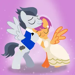Size: 1400x1400 | Tagged: safe, artist:mlplary6, derpibooru import, rumble, scootaloo, pegasus, pony, bride, clothes, dancing, dress, eyes closed, female, groom, husband and wife, image, jpeg, just married, male, mare, marriage, married couple, older, older rumble, older scootaloo, rumbloo, shipping, stallion, straight, tuxedo, wedding, wedding dress