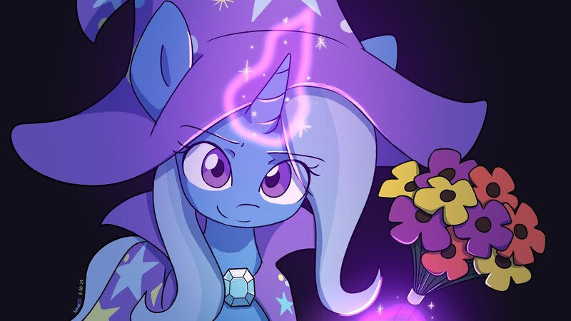 Size: 1920x1080 | Tagged: safe, artist:spheedc, derpibooru import, trixie, pony, unicorn, bouquet, cape, clothes, female, flower, glow, glowing horn, hat, horn, image, jpeg, levitation, looking at you, magic, magic aura, mare, smiling, smiling at you, solo, telekinesis, trixie's cape, trixie's hat