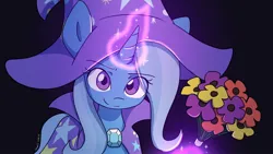 Size: 1920x1080 | Tagged: safe, artist:spheedc, derpibooru import, trixie, pony, unicorn, bouquet, cape, clothes, female, flower, glow, glowing horn, hat, horn, image, jpeg, levitation, looking at you, magic, magic aura, mare, smiling, smiling at you, solo, telekinesis, trixie's cape, trixie's hat