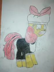Size: 3120x4160 | Tagged: safe, artist:epicheavytf2, derpibooru import, apple bloom, alternate universe, apple bloom's bow, apron, black shirt, bow, chef, chef's hat, clothes, derp, frazzled hair, gritted teeth, hair bow, hat, image, jpeg, messy mane, messy tail, older, older apple bloom, peppino, pizza tower, red mane, red tail, stressed, sweat, sweatdrops, tail, teeth, yellow fur