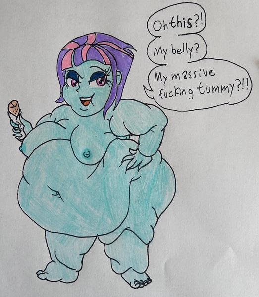 Size: 2694x3090 | Tagged: artist needed, questionable, derpibooru import, sunny flare, bbw, belly, belly button, big belly, big breasts, breasts, burrito, busty sunny flare, dialogue, fat, fat boobs, food, image, jpeg, nudity, open mouth, sunny fat, talking to viewer, vulgar