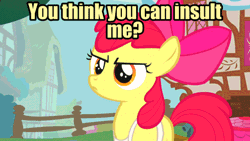Size: 800x450 | Tagged: safe, edit, edited screencap, editor:undeadponysoldier, ponerpics import, ponybooru import, screencap, apple bloom, applejack, earth pony, pony, call of the cutie, animated, apron, bow, censored, censored vulgarity, clothes, colored text, edited gif, female, gif, hair bow, hooves, image, mare, meme, offscreen character, ponyville, text, vulgar