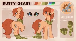 Size: 3203x1729 | Tagged: safe, artist:rexyseven, derpibooru import, oc, oc:rusty gears, earth pony, pony, clothes, female, frog (hoof), heterochromia, image, looking at you, mare, png, reference sheet, scarf, smiling, smiling at you, sock, socks, solo, striped scarf, striped socks, underhoof