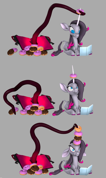 Size: 1920x3240 | Tagged: safe, artist:pika-robo, derpibooru import, fhtng th§ ¿nsp§kbl, oleander (tfh), classical unicorn, demon, unicorn, them's fightin' herds, 3 panel comic, 3d, book, cloven hooves, comic, community related, donut, female, food, gray background, horn, horn impalement, image, leonine tail, long horn, oleander is not amused, png, simple background, source filmmaker, tail, tentacles, the uses of unicorn horns, unamused, unicornomicon, unshorn fetlocks