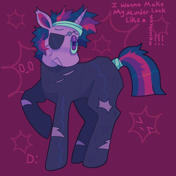 Size: 1440x1440 | Tagged: safe, artist:ariariari.png, derpibooru import, twilight sparkle, pony, unicorn, it's about time, alternate versions at source, eyepatch, future twilight, image, jpeg, solo, unicorn twilight