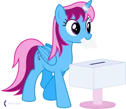 Size: 4610x4000 | Tagged: safe, artist:parclytaxel, derpibooru import, oc, oc:parcly taxel, unofficial characters only, alicorn, pony, .svg available, absurd resolution, alicorn oc, ballot box, female, horn, image, mare, mouth hold, png, politics, simple background, singapore, solo, transparent background, vector, vote, wings