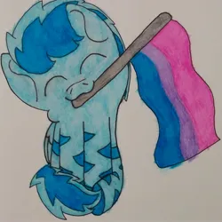 Size: 2377x2378 | Tagged: safe, artist:acid flask, derpibooru import, oc, oc:film wheel, unofficial characters only, pegasus, pony, zebra, bisexual, bisexual pride flag, chibi, cute, eyes closed, flag, happy, image, jpeg, long hair, looking at you, male, pegasus oc, pride, pride flag, simple background, sitting, smiling, smiling at you, stallion, traditional art, watercolor painting, white background, wings, zebra oc