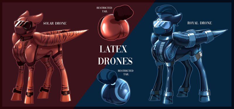 Size: 2048x958 | Tagged: safe, artist:parrpitched, derpibooru import, oc, bound wings, drone, fireheart76's latex suit design, image, jpeg, latex, latex suit, prisoners of the moon, reference sheet, rubber, rubber suit, visor, wings