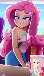 Size: 1934x3334 | Tagged: safe, artist:the-butch-x, derpibooru import, fluttershy, equestria girls, bedroom eyes, blushing, breasts, busty fluttershy, clothes, cute, eyeshadow, female, grin, image, makeup, png, scene interpretation, screencap reference, shorts, shyabetes, smiling, solo, stupid sexy fluttershy, tanktop