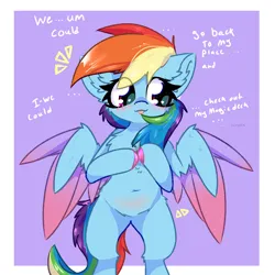 Size: 2000x2000 | Tagged: safe, artist:jubyskylines, derpibooru import, rainbow dash, pegasus, pony, belly, belly blush, belly button, blushing, colored hooves, colored wings, colored wingtips, female, hooves together, image, magic the gathering, mare, nervous, passepartout, png, talking to viewer, wings