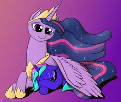 Size: 2364x2000 | Tagged: safe, artist:passionpanther, derpibooru import, princess twilight 2.0, twilight sparkle, twilight sparkle (alicorn), oc, oc:heartbeat, alicorn, pony, unicorn, the last problem, comforting, comforting twilight, crying, gradient background, hug, image, lying down, older, older twilight, png, prone, winghug, wings