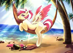 Size: 3000x2171 | Tagged: safe, artist:raranfa, derpibooru import, oc, oc:candy rain, unofficial characters only, pegasus, pony, beach, clothes, coconut cup, female, hammock, high res, image, jpeg, lying down, mare, multicolored mane, multicolored tail, ocean, palm tree, prone, sand, scarf, smiling, solo, spread wings, sultry pose, sunglasses, sunlight, tail, tree, water, wings