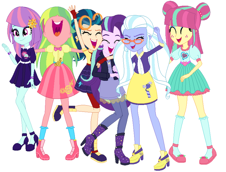 Size: 822x626 | Tagged: safe, artist:sarahalen, derpibooru import, applejack, fluttershy, indigo zap, lemon zest, pinkie pie, rainbow dash, rarity, sci-twi, sour sweet, starlight glimmer, sugarcoat, sunny flare, twilight sparkle, human, equestria girls, alternate universe, base used, eyes closed, female, group, humane five, humane six, image, png, role reversal, shadow five, simple background, white background