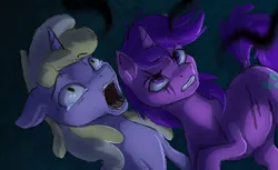 Size: 1280x782 | Tagged: safe, artist:shaslan, derpibooru import, amethyst star, dinky hooves, pony, unicorn, crying, dock, eye scar, facial scar, female, gritted teeth, image, jpeg, open mouth, scar, siblings, sisters, tail, teeth