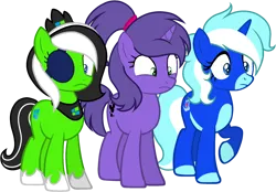 Size: 2148x1496 | Tagged: safe, artist:muhammad yunus, artist:sleepibases, derpibooru import, oc, oc:cool breezes, oc:teahie, oc:violetta cuddles belle, unofficial characters only, earth pony, pony, unicorn, series:the guardian of leadership, base used, eyepatch, female, image, mare, png, ponytail, simple background, transparent background, trio, trio female, wide eyes