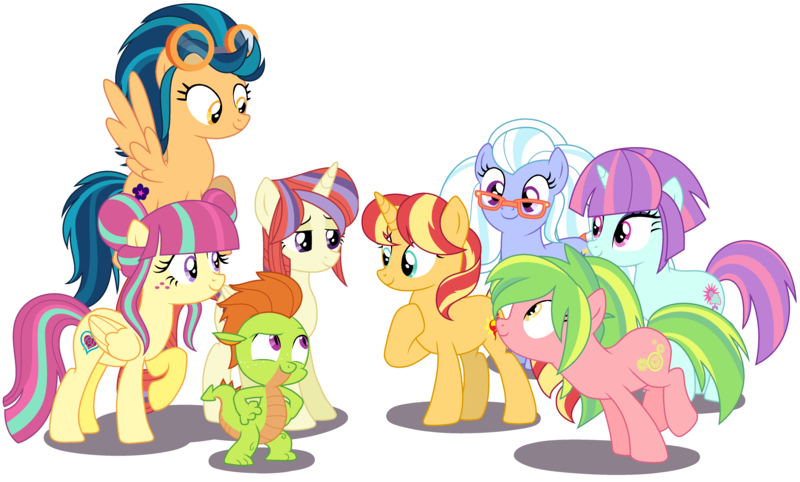 Size: 4856x2928 | Tagged: safe, artist:sarahalen, derpibooru import, indigo zap, lemon zest, moondancer, sour sweet, sugarcoat, sunny flare, sunset shimmer, thorax, ponified, alicorn, dragon, earth pony, pegasus, pony, unicorn, alternate universe, base used, dragonified, equestria girls ponified, female, glasses, group, image, male, mare, png, role reversal, simple background, species swap, white background