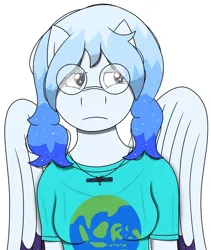 Size: 698x826 | Tagged: safe, derpibooru import, oc, oc:altersmay earth, ponified, anthro, pegasus, clothes, colored wings, female, glasses, image, jewelry, jpeg, looking sideways, necklace, older altersmay earth, pegasus oc, planet ponies, round glasses, shirt, simple background, solo, t-shirt, unamused, white background, wings