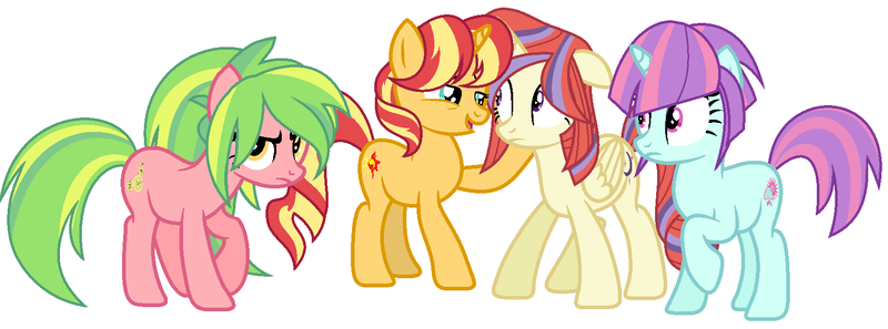 Size: 1658x616 | Tagged: safe, artist:sarahalen, derpibooru import, lemon zest, moondancer, sunny flare, sunset shimmer, ponified, alicorn, earth pony, pony, unicorn, alternate universe, base used, equestria girls ponified, female, group, image, mare, png, role reversal, simple background, white background