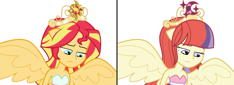 Size: 2054x752 | Tagged: safe, artist:sarahalen, derpibooru import, moondancer, sunset shimmer, human, equestria girls, alternate universe, base used, crown, duo, duo female, equestria girls-ified, female, image, jewelry, png, ponied up, regalia, role reversal, simple background, white background