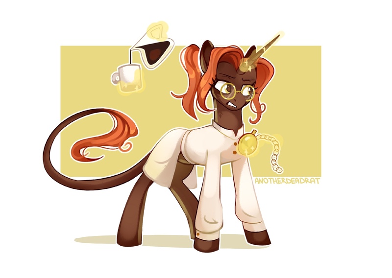 Size: 2560x1817 | Tagged: safe, artist:anotherdeadrat, derpibooru import, oc, oc:wormhole, unofficial characters only, pony, unicorn, abstract background, clothes, coffee, coffee mug, coffee pot, glasses, image, jpeg, leonine tail, magic, magic aura, mug, solo, tail, telekinesis, watch