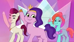Size: 1280x720 | Tagged: safe, derpibooru import, edit, edited screencap, screencap, pipp petals, earth pony, pegasus, pony, g5, mane melody, my little pony: tell your tale, spoiler:g5, spoiler:my little pony: tell your tale, spoiler:tyts01e05, image, jazz hooves, png, raised hoof, rocky riff, smiling, solo, trio, wingless