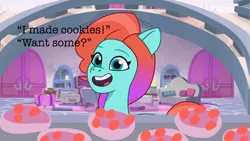 Size: 1280x720 | Tagged: safe, derpibooru import, edit, edited screencap, screencap, earth pony, pony, g5, my little pony: tell your tale, baby critters, brighthouse, cookie, female, food, image, jazz hooves, looking at you, mare, open mouth, png, question, solo, text, tray