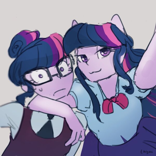 Size: 1000x1000 | Tagged: safe, artist:laymy, derpibooru import, sci-twi, twilight sparkle, twilight sparkle (alicorn), alicorn, human, equestria girls, arm around neck, clothes, crystal prep academy uniform, duo, female, frown, gray background, image, jpeg, lidded eyes, looking at you, ponied up, school uniform, self paradox, selfie, simple background, smiling, smiling at you, sweat, sweatdrop, twolight