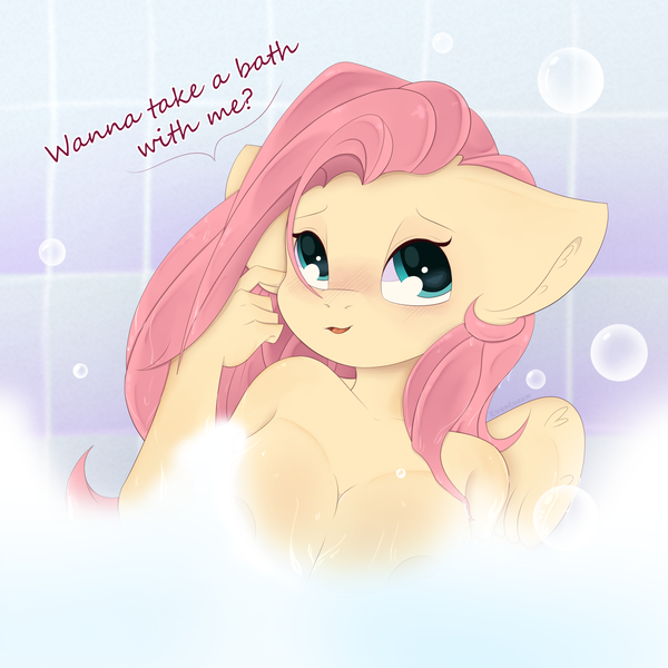 Size: 2560x2560 | Tagged: questionable, artist:eventseem, derpibooru import, fluttershy, anthro, pegasus, pony, bath, blushing, breasts, busty fluttershy, female, floppy ears, image, looking at you, mare, nudity, png, solo, text