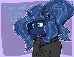 Size: 1080x831 | Tagged: safe, artist:raw16, derpibooru import, princess luna, alicorn, anthro, bored, clothes, collar, ear piercing, hoodie, horn, image, piercing, png, ponytail, sad, shiny mane, simple background, solo, tired