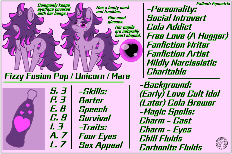 Size: 6000x4000 | Tagged: safe, artist:dice-warwick, derpibooru import, oc, oc:fizzy fusion pop, pony, unicorn, fallout equestria, beauty mark, butt freckles, coloboma, cult, drink, female, freckles, heart, heart eyes, image, long mane, long tail, mare, messy mane, png, reference sheet, soda, solo, tail, wingding eyes