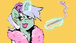 Size: 1280x720 | Tagged: safe, artist:kitsuwaa, derpibooru import, lyra heartstrings, pony, unicorn, blushing, cigarette, cigarette holder, ear piercing, earring, feather boa, flower, flower in hair, glow, glowing horn, horn, image, jewelry, magic, open mouth, piercing, png, smoking, solo