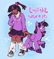 Size: 1604x1756 | Tagged: safe, artist:kitsuwaa, derpibooru import, twilight sparkle, twilight sparkle (alicorn), alicorn, human, pony, blue background, clothes, converse, cute, dark skin, female, grin, human ponidox, humanized, image, jewelry, leg warmers, mare, necklace, open mouth, png, raised hoof, self paradox, self ponidox, shoes, simple background, skirt, smiling, solo, species swap, sweater, twiabetes, unshorn fetlocks
