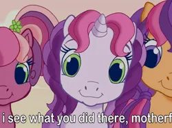Size: 786x588 | Tagged: safe, derpibooru import, screencap, cheerilee (g3), scootaloo (g3), sweetie belle (g3), earth pony, pony, unicorn, g3, twinkle wish adventure, caption, cute, dissonant caption, female, filly, flower, flower in hair, foal, g3.5, i see what you did there, image, image macro, jpeg, looking at you, text, trio, vulgar