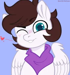 Size: 2740x2942 | Tagged: safe, artist:jeffapegas, artist:saverpon3, derpibooru import, oc, oc:markey malarkey, ponified, unofficial characters only, pegasus, pony, bandana, blue background, blushing, crossover, eyebrows, heart, image, one eye closed, png, raised eyebrow, simple background, solo, the mark side, wink