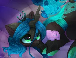 Size: 3262x2500 | Tagged: safe, artist:taiweiart, derpibooru import, queen chrysalis, oc, oc:fluffle puff, changeling, changeling queen, crown, cute, female, heart, heart eyes, holding, image, jewelry, lying, png, regalia, sequins, spread wings, wingding eyes, wings
