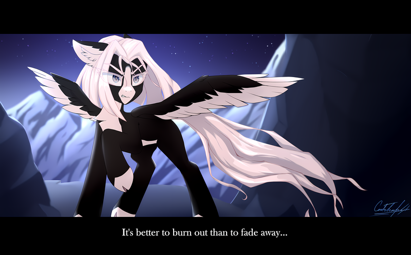 Size: 3664x2272 | Tagged: safe, artist:cmdrtempest, derpibooru import, oc, oc:kate braxton, pegasus, pony, epic, female, image, looking at each other, looking at someone, mare, mountain, night, png, solo, solo female, text