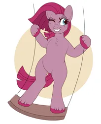 Size: 1148x1400 | Tagged: safe, artist:lulubell, derpibooru import, pinkie pie, best pony, image, looking at you, one eye closed, pinkamena diane pie, png, simple background, solo, swing, wink, winking at you