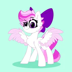 Size: 2500x2500 | Tagged: safe, artist:fakkajohan, derpibooru import, oc, oc:perfect rays, unofficial characters only, pegasus, pony, bow, chest fluff, dreamworks face, ear fluff, female, hair bow, image, looking at you, png, simple background, solo, spread wings, wings