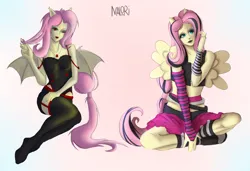 Size: 5131x3500 | Tagged: safe, artist:nalori, derpibooru import, fluttershy, bat pony, human, alternate hairstyle, arm warmers, bat ponified, belt, clothes, converse, corset, cute, eared humanization, emoshy, female, flutterbat, garter belt, humanized, image, jewelry, jpeg, lipstick, necklace, one eye closed, pony coloring, race swap, shoes, shorts, shyabetes, sitting, skirt, socks, solo, stockings, striped socks, tail, tailed humanization, thigh highs, wide eyes, winged humanization, wings, wink